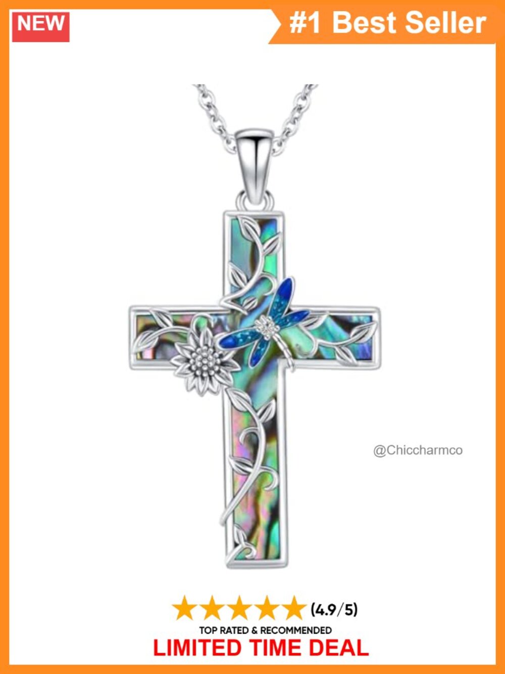 925 Sterling Silver Dragonfly Cross Necklace Abalone Shell Pendant